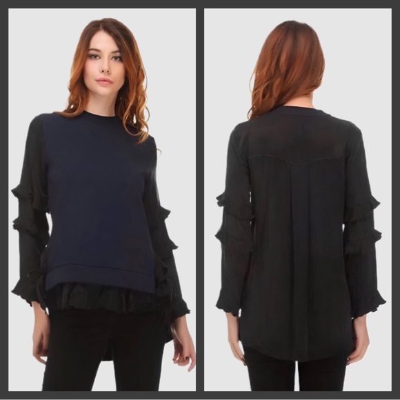 ZARA Navy Blue and Black Satin Contrast Layered Sweater Sweatshirt Blouse Small - Picture 4 of 16